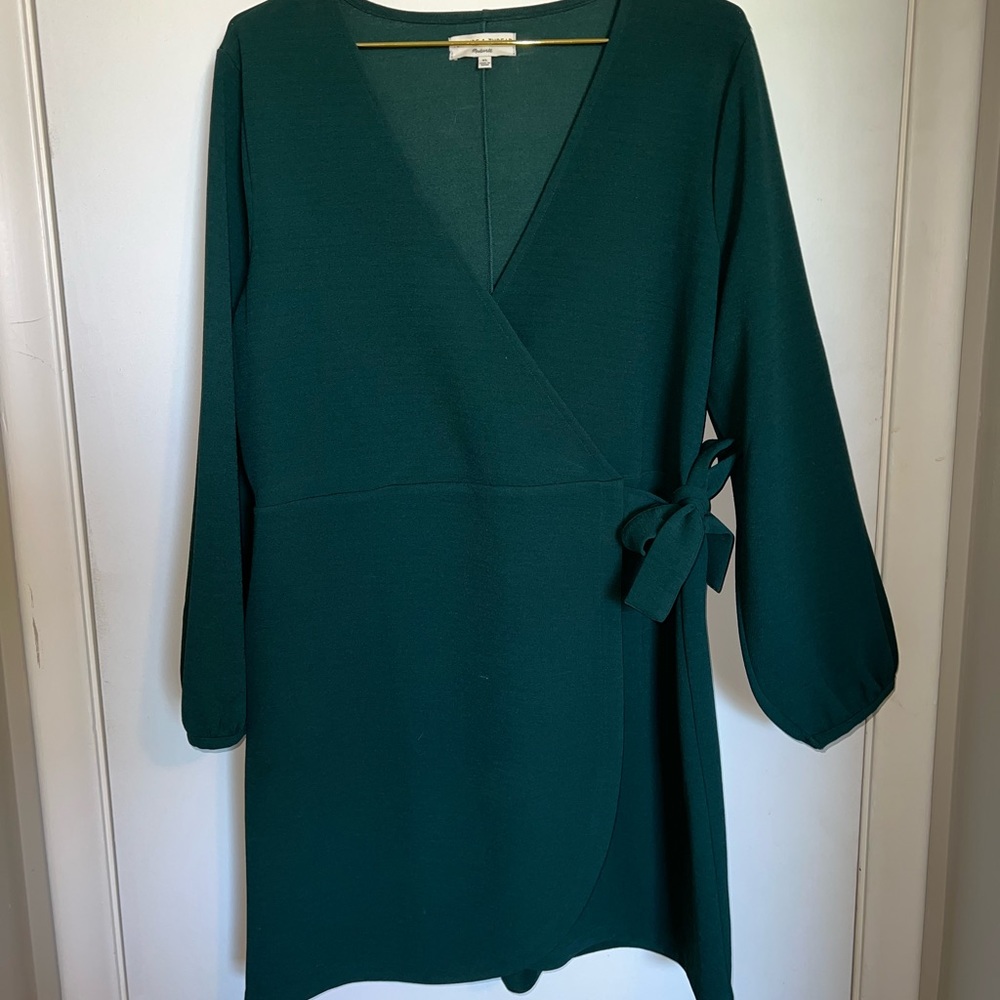 Madewell Green Wrap Sheath Dress with Bishop Sleeves
